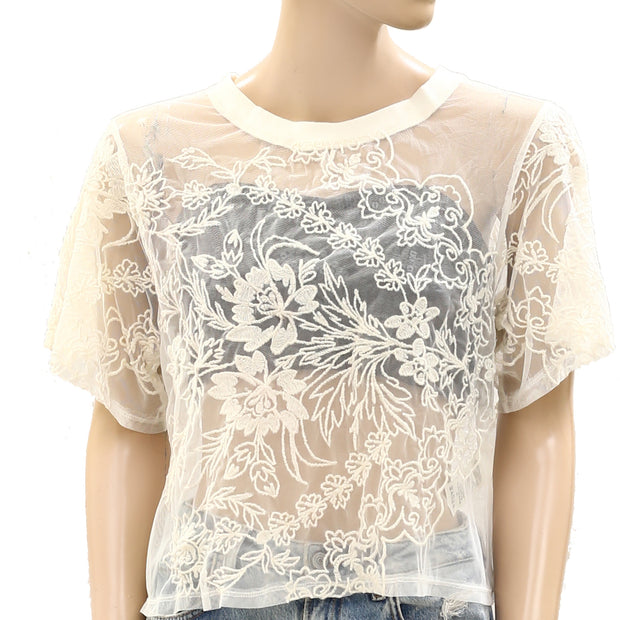 By Anthropologie Short-Sleeve Embroidered Mesh Blouse Top