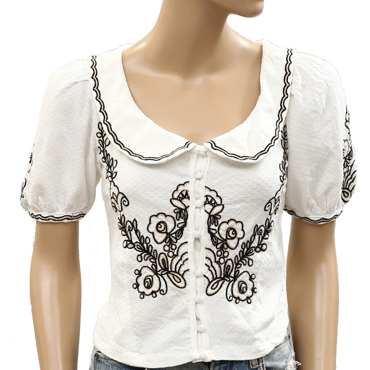 By Anthropologie Embroidered Button-Front Collared Blouse Top