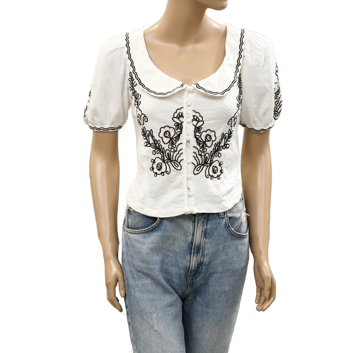 By Anthropologie Embroidered Button-Front Collared Blouse Top