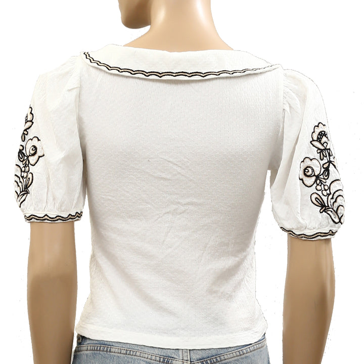 By Anthropologie Embroidered Button-Front Collared Blouse Top