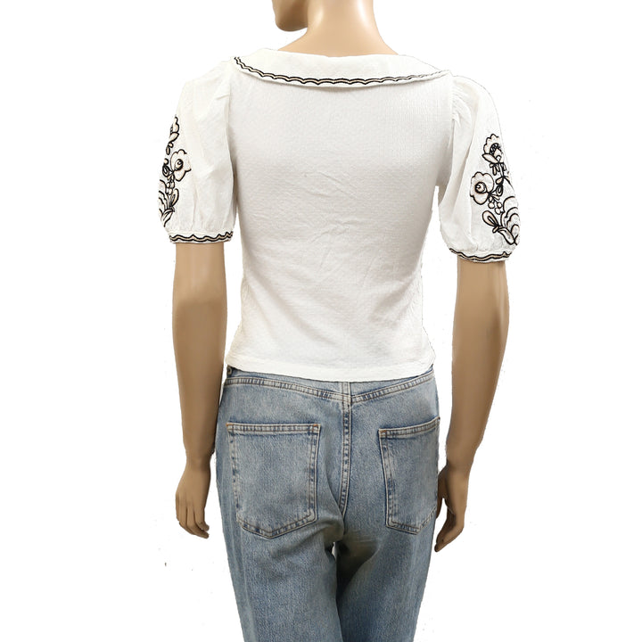 By Anthropologie Embroidered Button-Front Collared Blouse Top