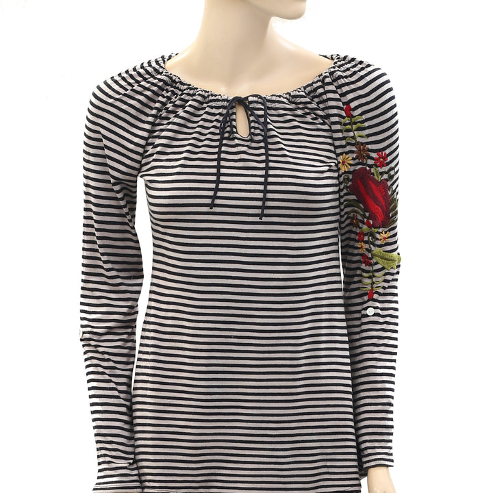 Caite Anthropologie Embroidered Striped Printed Tunic Top