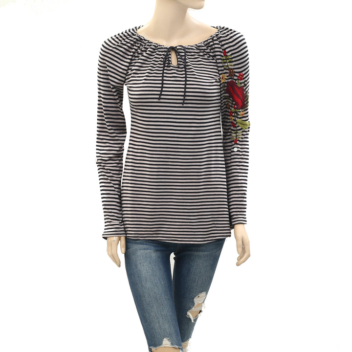 Caite Anthropologie Embroidered Striped Printed Tunic Top