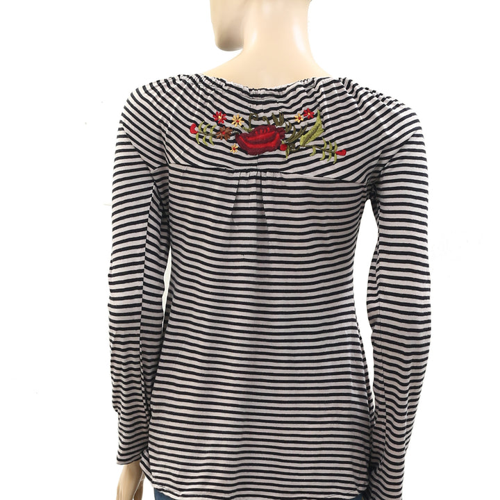 Caite Anthropologie Embroidered Striped Printed Tunic Top