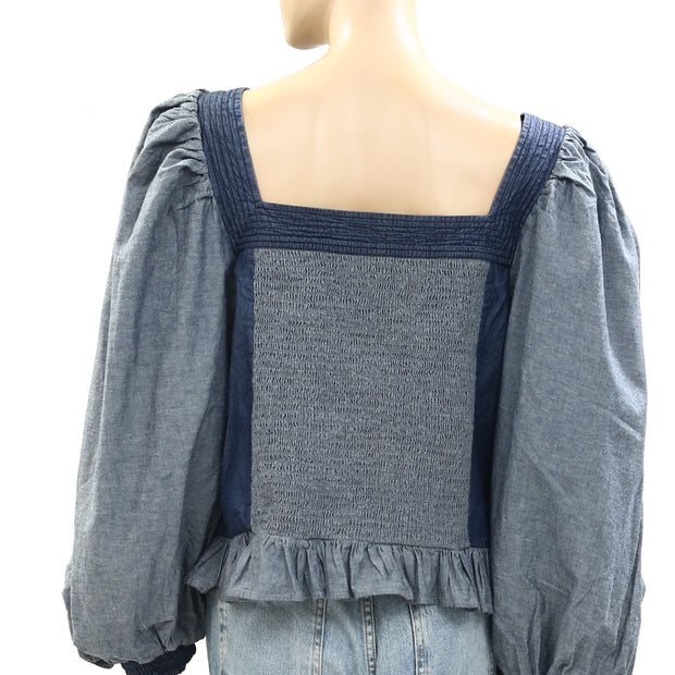 Anthropologie Love The Label Smocked Puff Sleeve Blouse Top