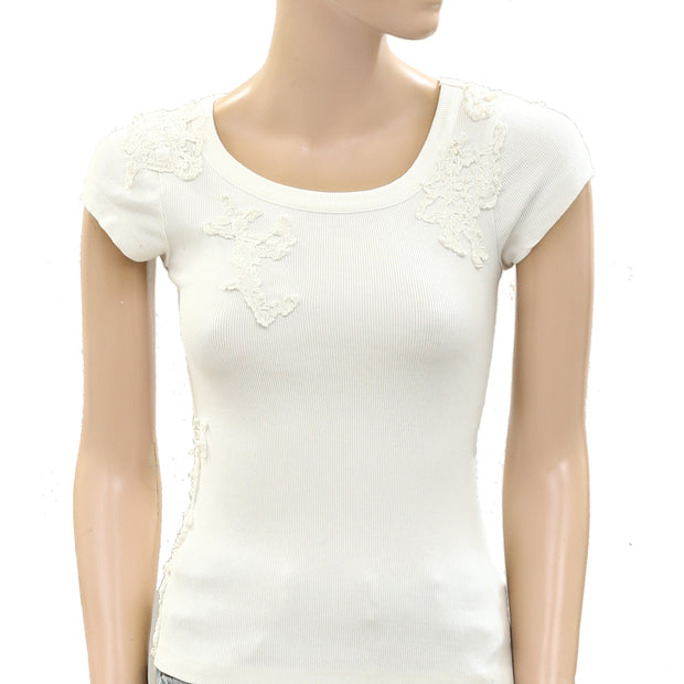 By Anthropologie Lace Appliqué Ribbed Top