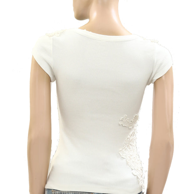 By Anthropologie Lace Appliqué Ribbed Top