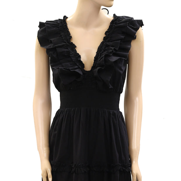 Love The Label Anthropologie Black Poplin V Neck Ruffle Midi Dress