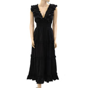 Love The Label Anthropologie Black Poplin V Neck Ruffle Midi Dress