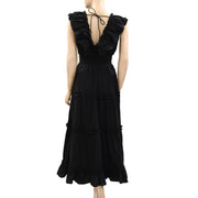 Love The Label Anthropologie Black Poplin V Neck Ruffle Midi Dress