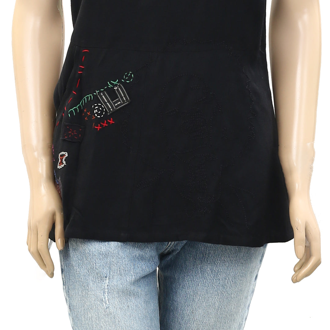 Miss Sidecar Embroidered Cotton Black Blouse Top