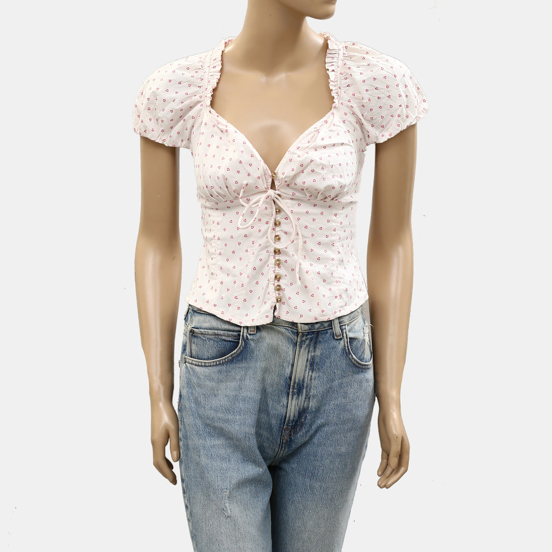 Free People Puff Sleeve Printed Blouse Top