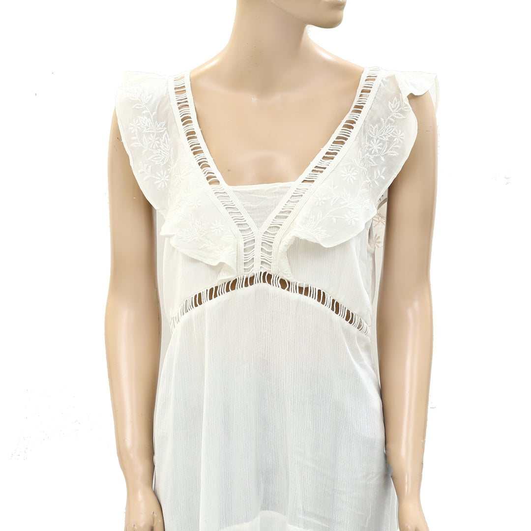 Drolatic Anthropologie Floral Embroidered Ruffle Tank Top