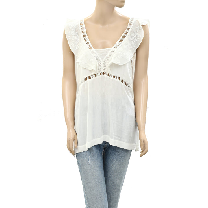 Drolatic Anthropologie Floral Embroidered Ruffle Tank Top