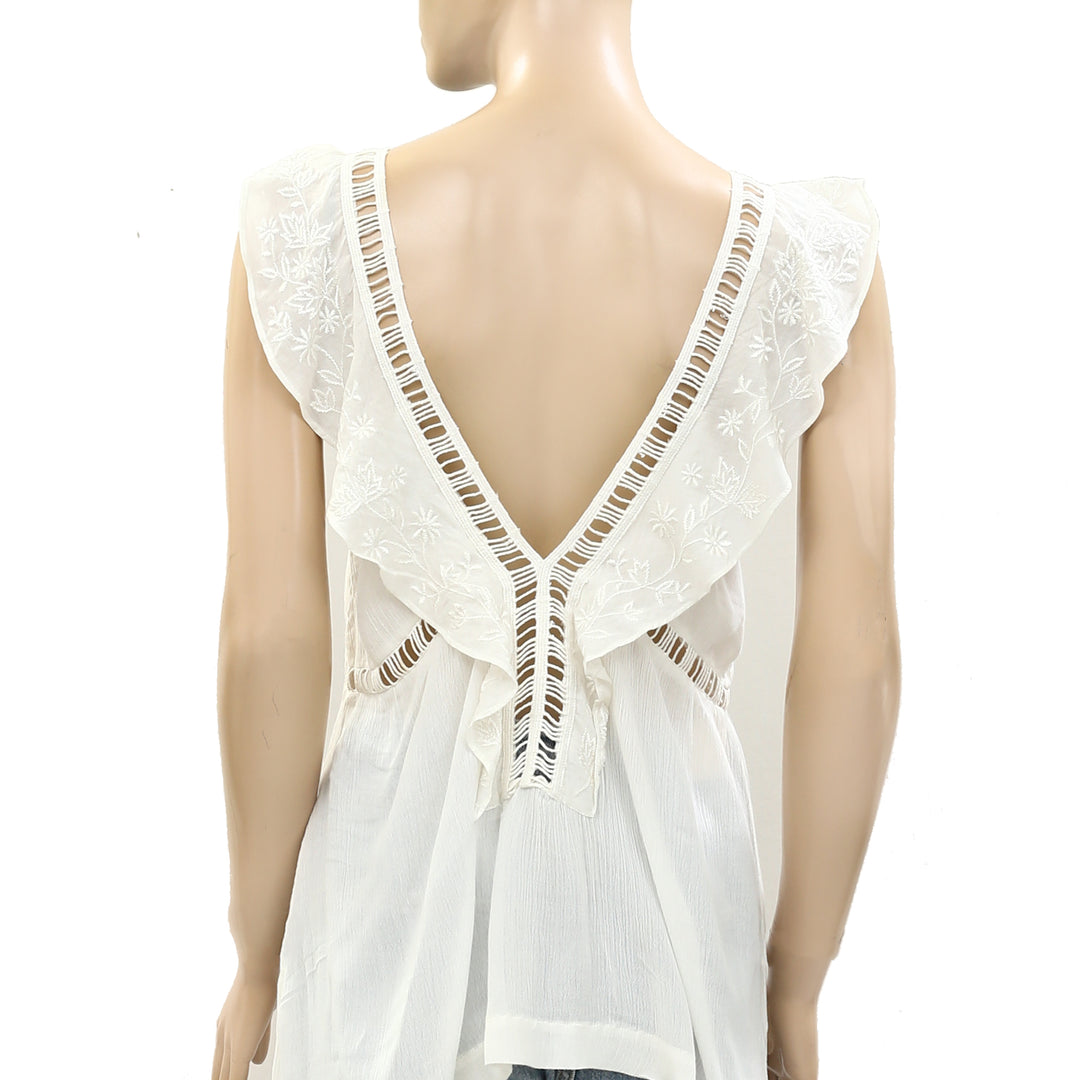 Drolatic Anthropologie Floral Embroidered Ruffle Tank Top