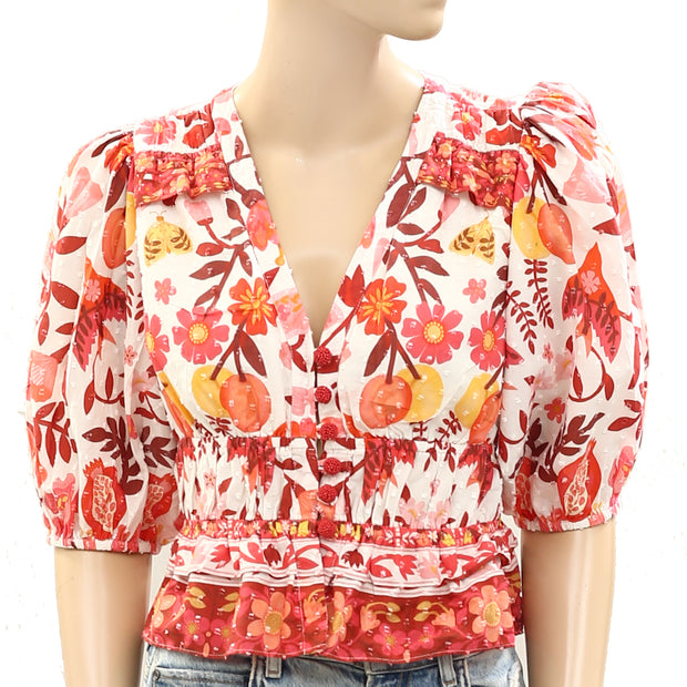 Farm Rio Anthropologie Off-White Romantic Orchard Cropped Blouse Top