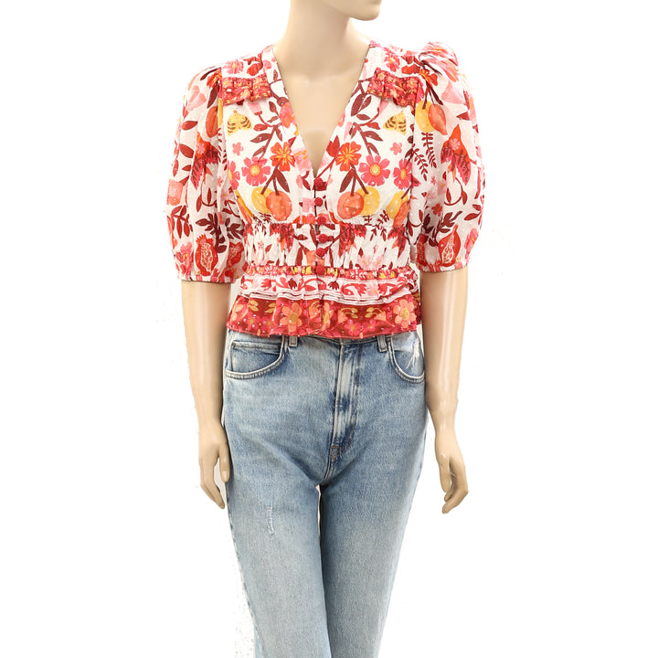 Farm Rio Anthropologie Off-White Romantic Orchard Cropped Blouse Top