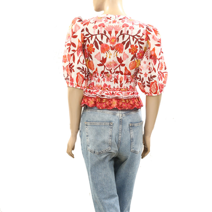 Farm Rio Anthropologie Off-White Romantic Orchard Cropped Blouse Top