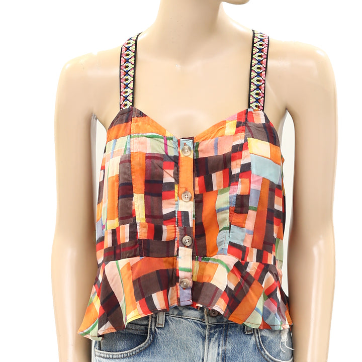 Pilcro Anthropologie Buttondown Embroidered Peplum Tank Top