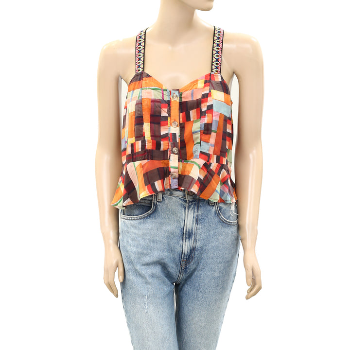 Pilcro Anthropologie Buttondown Embroidered Peplum Tank Top