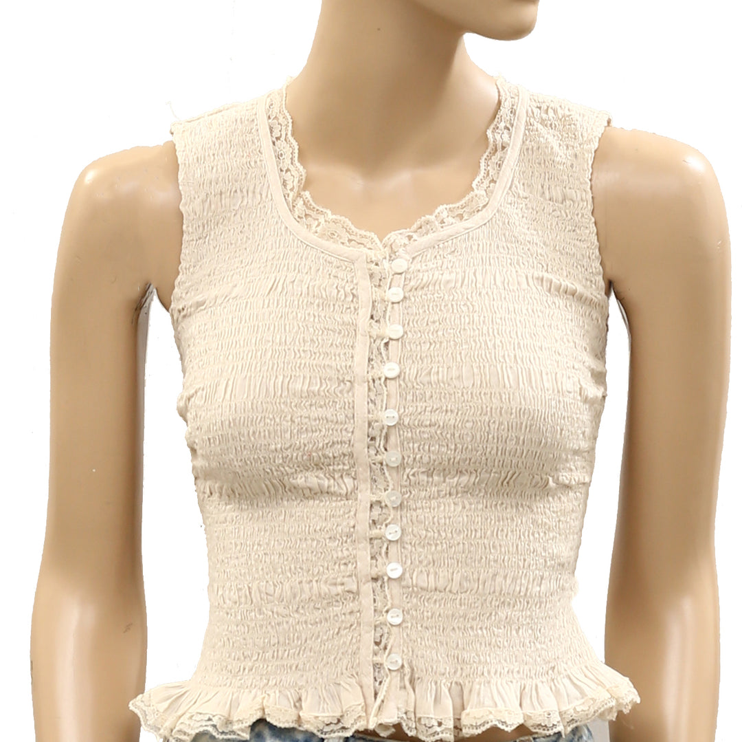 Free People Smocked Solid Top Lace button-front style ruffled trims