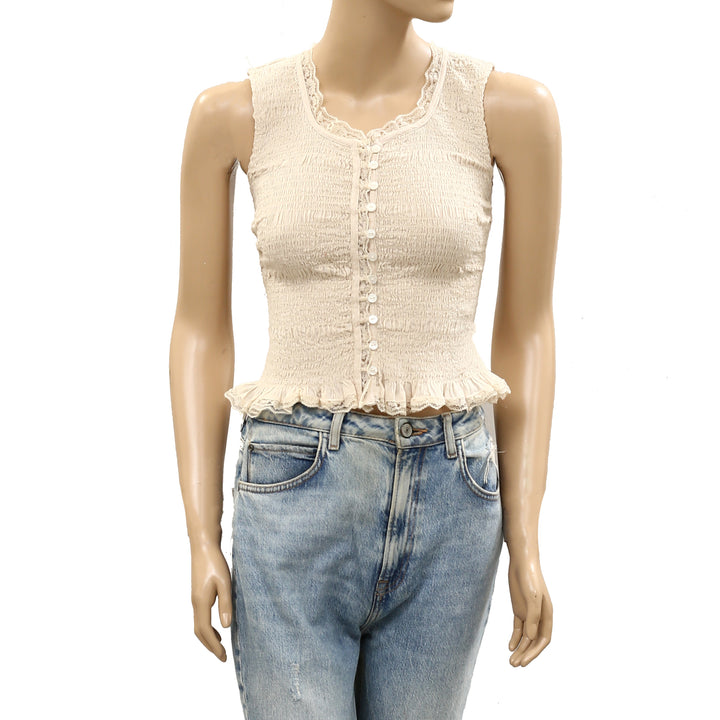 Free People Smocked Solid Top Lace button-front style ruffled trims