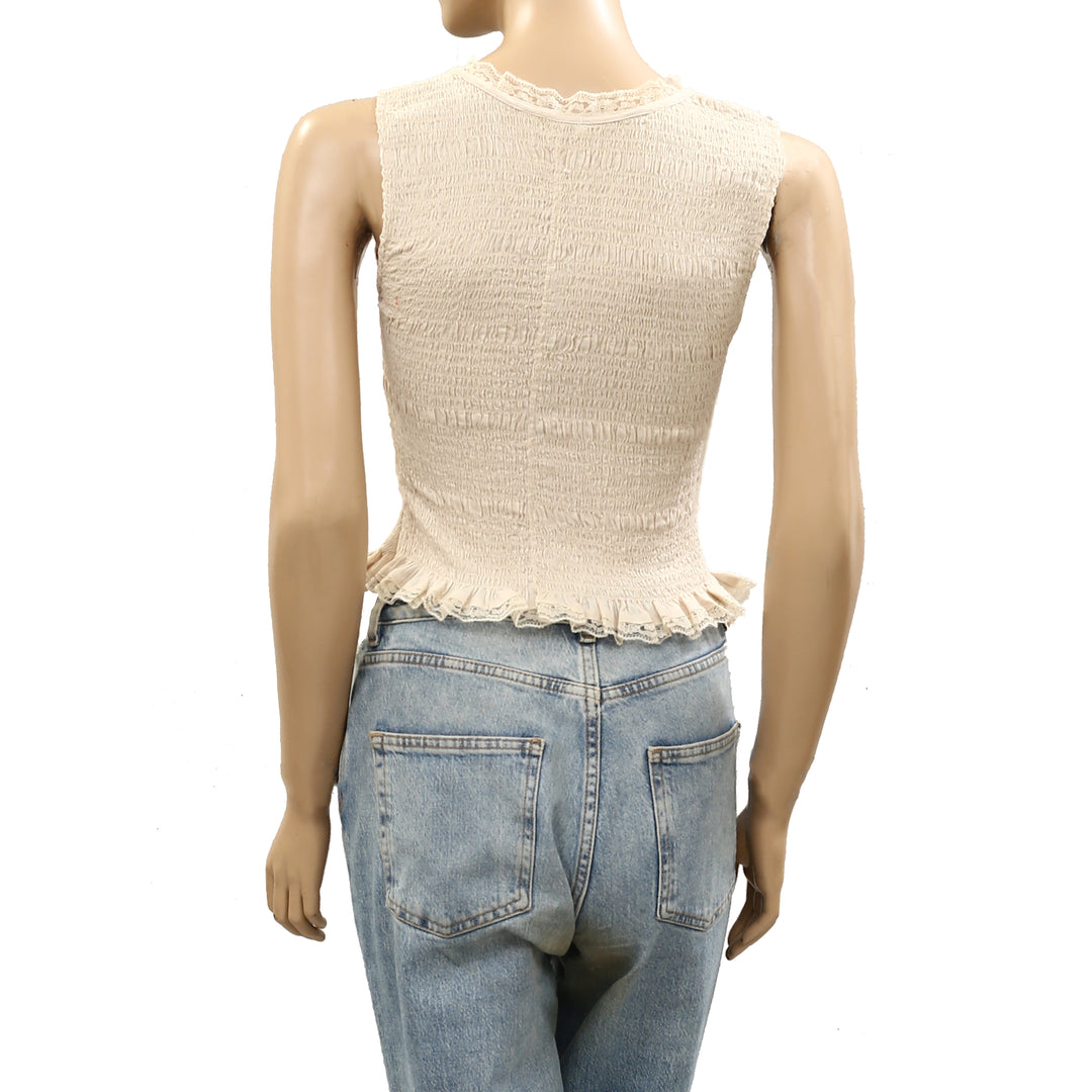Free People Smocked Solid Top Lace button-front style ruffled trims