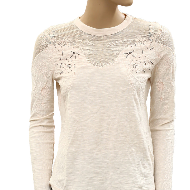 Free people Micha Embellished Mesh Beaded Long Sleeve Tee Blouse Top