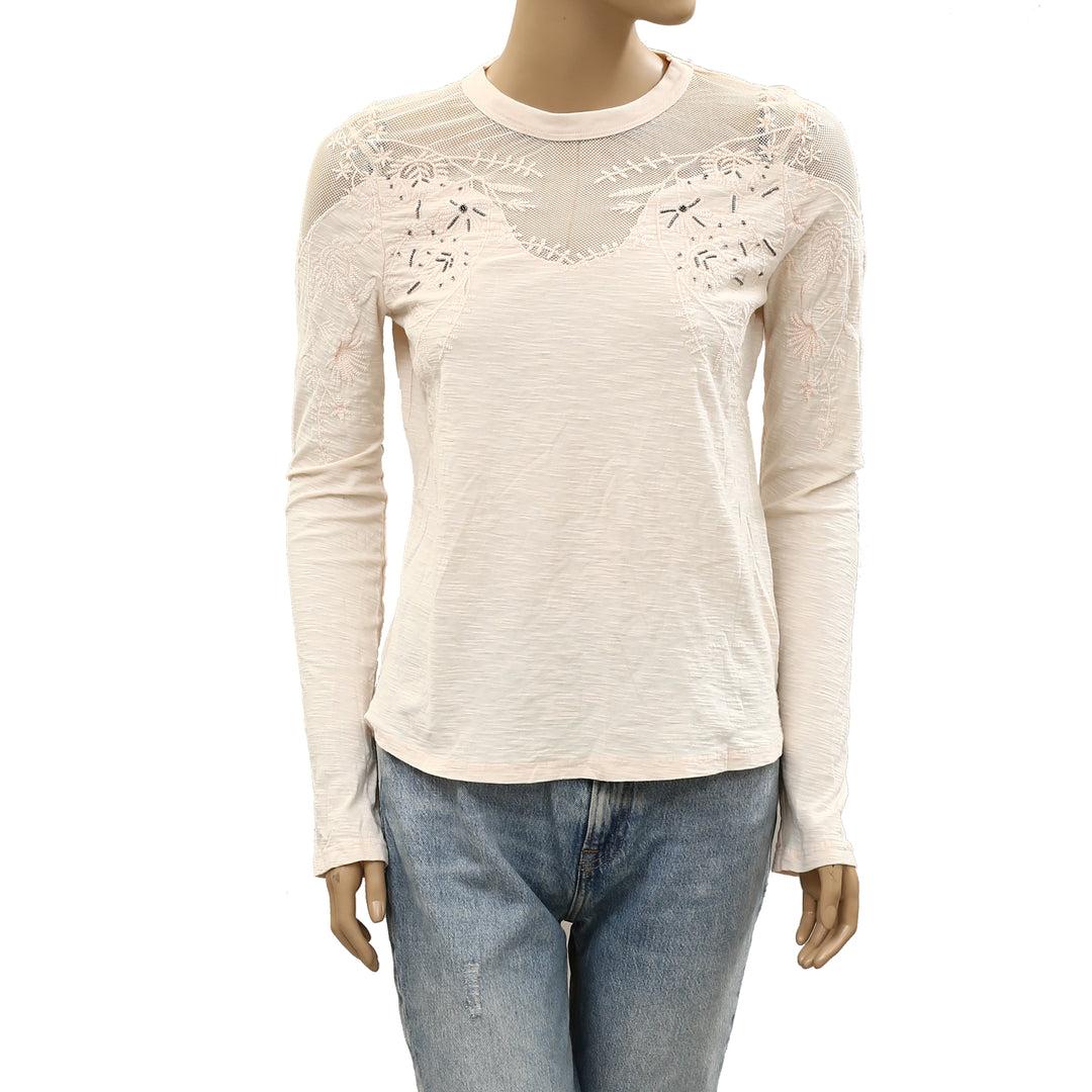 Free people Micha Embellished Mesh Beaded Long Sleeve Tee Blouse Top
