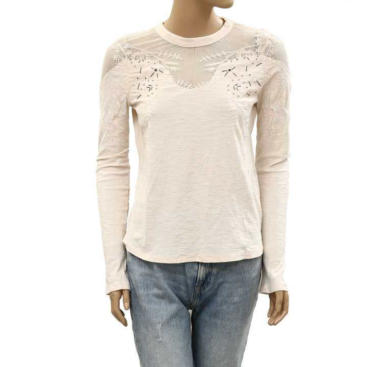 Free people Micha Embellished Mesh Beaded Long Sleeve Tee Blouse Top