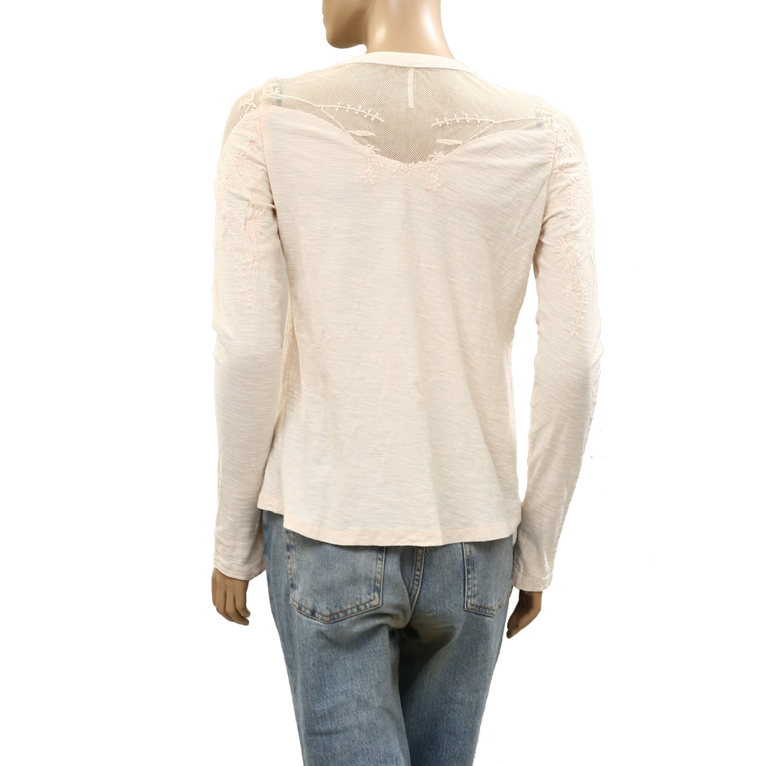 Free people Micha Embellished Mesh Beaded Long Sleeve Tee Blouse Top