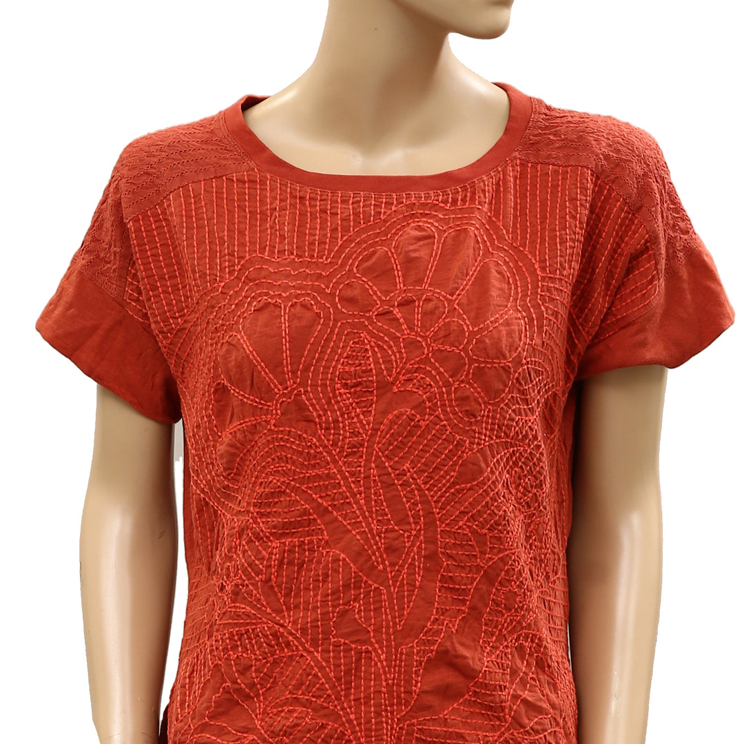 By Anthropologie Contrast Floral Embroidered Tee Blouse Top