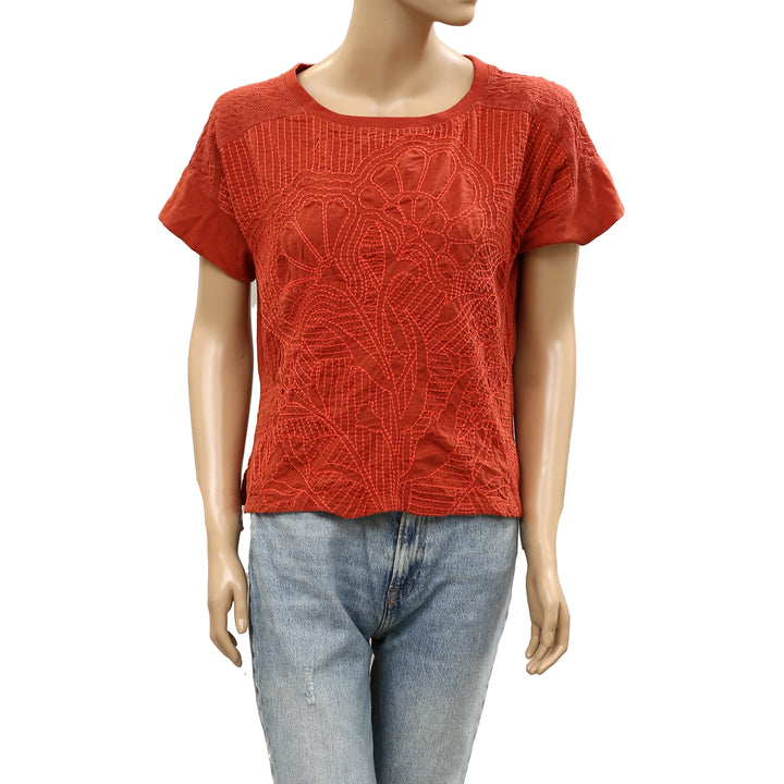 By Anthropologie Contrast Floral Embroidered Tee Blouse Top