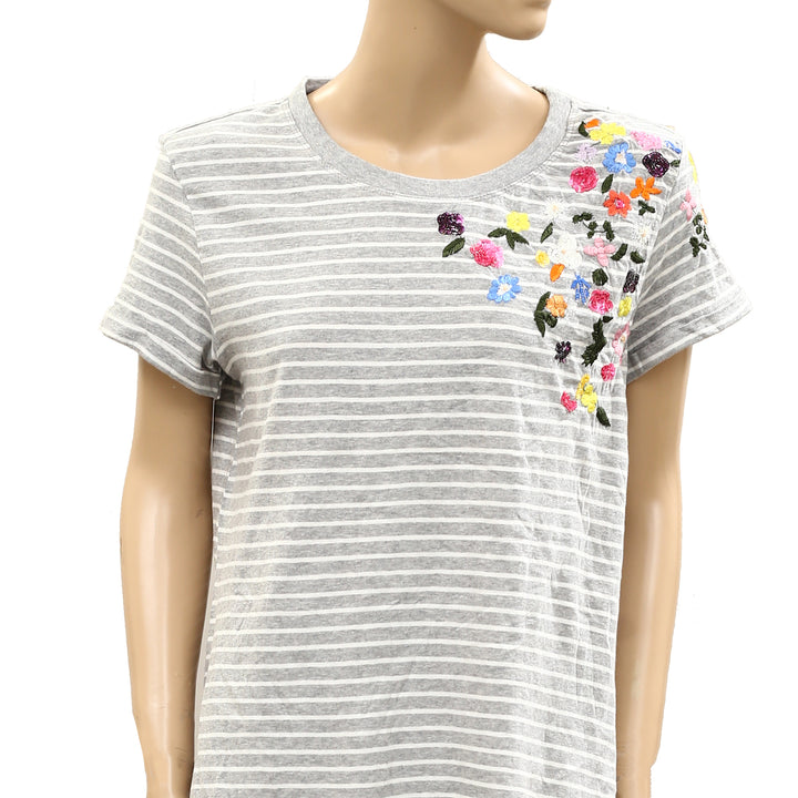 By Anthropologie Embroidered Sequin Flower Striped Print Blouse Tee Top