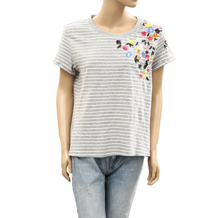 By Anthropologie Embroidered Sequin Flower Striped Print Blouse Tee Top