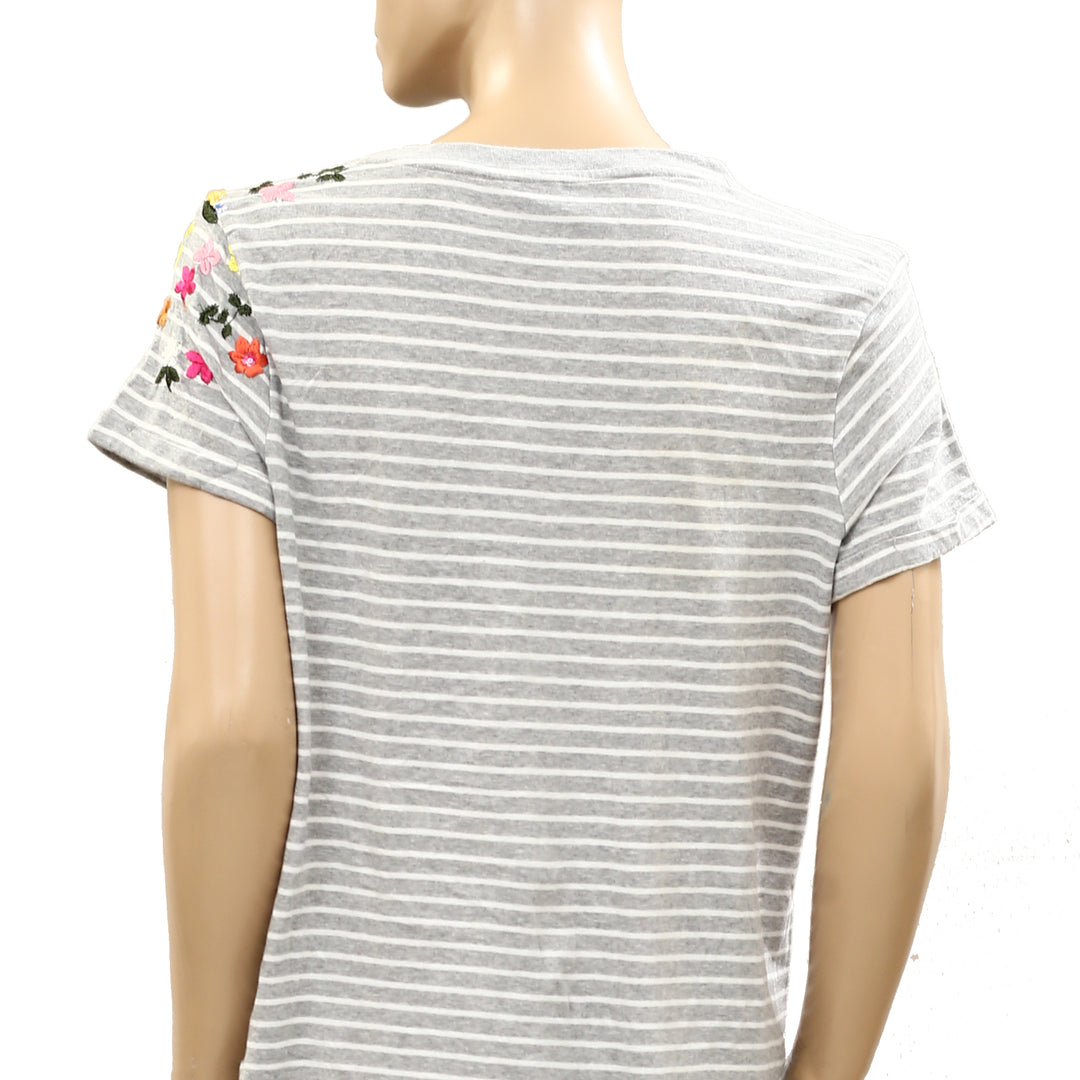 By Anthropologie Embroidered Sequin Flower Striped Print Blouse Tee Top