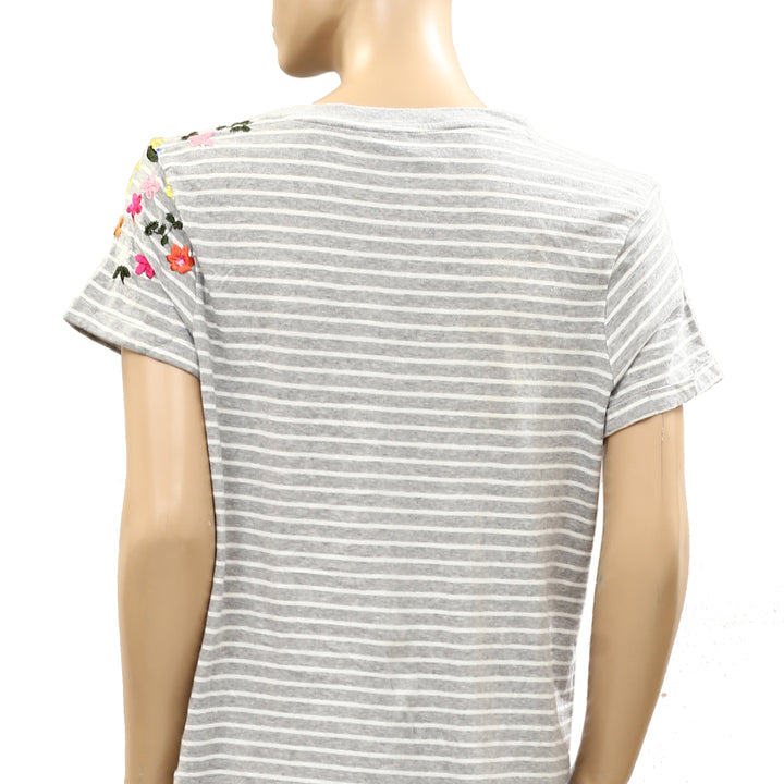 By Anthropologie Embroidered Sequin Flower Striped Print Blouse Tee Top