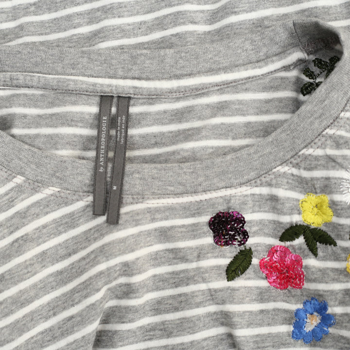 By Anthropologie Embroidered Sequin Flower Striped Print Blouse Tee Top