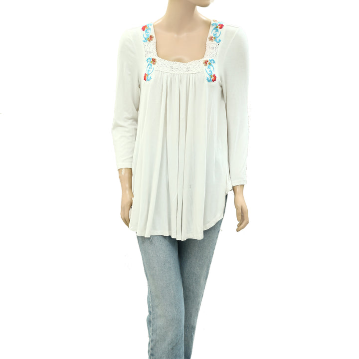 Caite Anthropologie CHELSEA Embroidered Tunic Top White