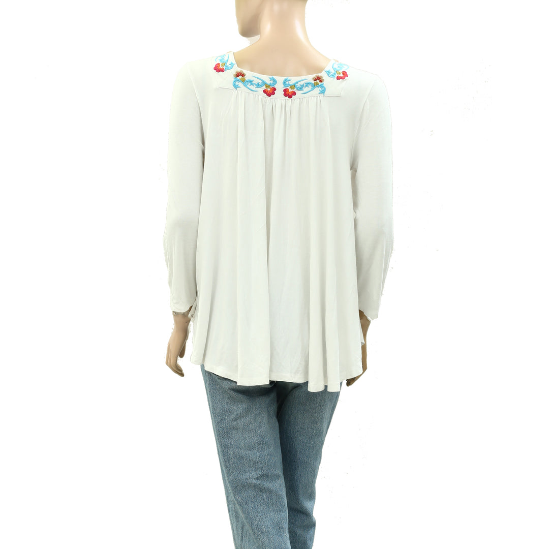 Caite Anthropologie CHELSEA Embroidered Tunic Top White