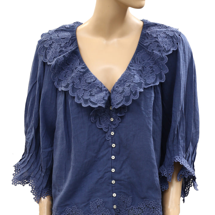By Anthropologie Linen Blend Lace-Collar Blouse Top