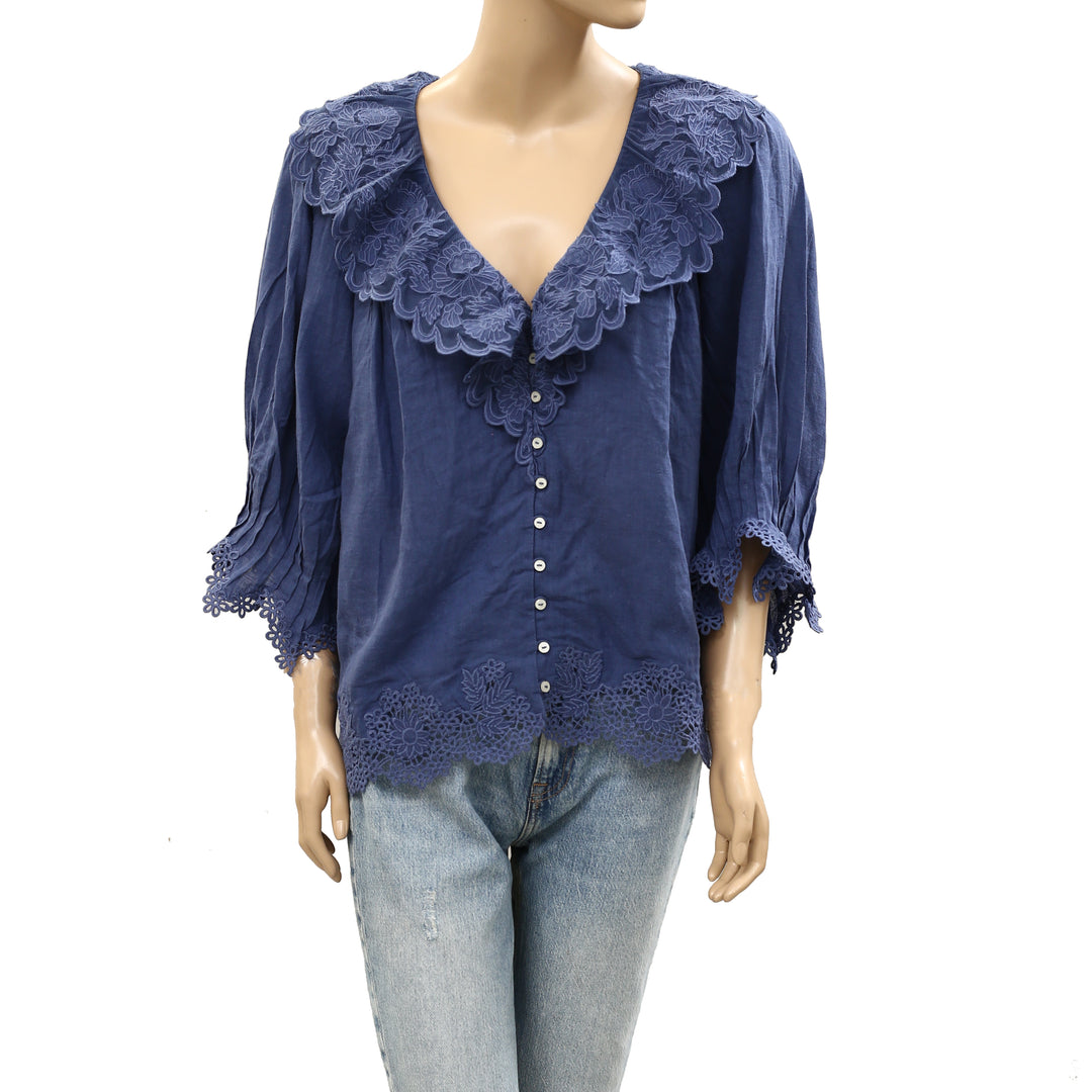 By Anthropologie Linen Blend Lace-Collar Blouse Top