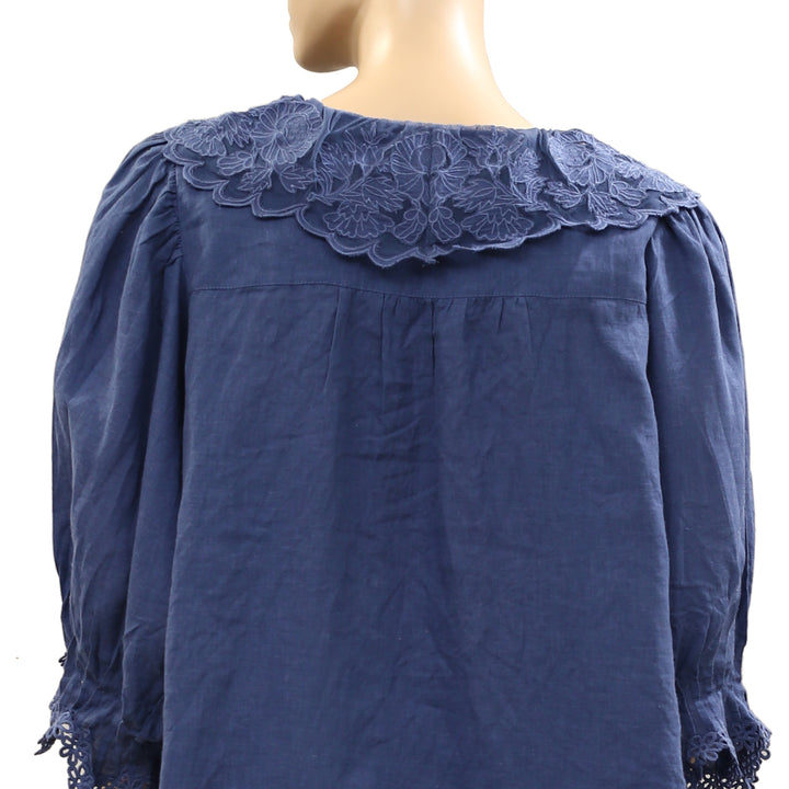 By Anthropologie Linen Blend Lace-Collar Blouse Top