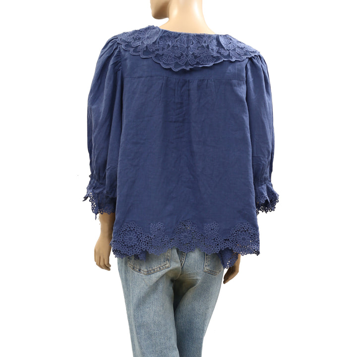 By Anthropologie Linen Blend Lace-Collar Blouse Top