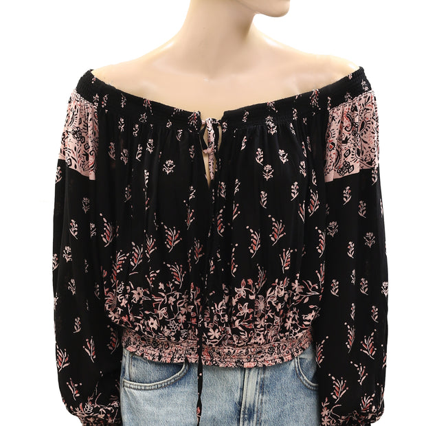 Free People Floral Printed Cropped Blouse Top