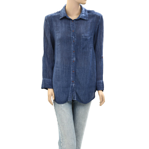 Alice + Olivia Donnie Piper Crinkled Blue Shirt Top