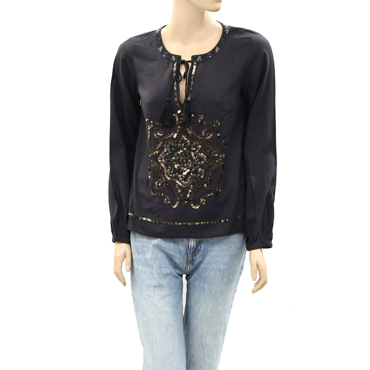 Odd Molly Embroidered Embellished Black Blouse Top