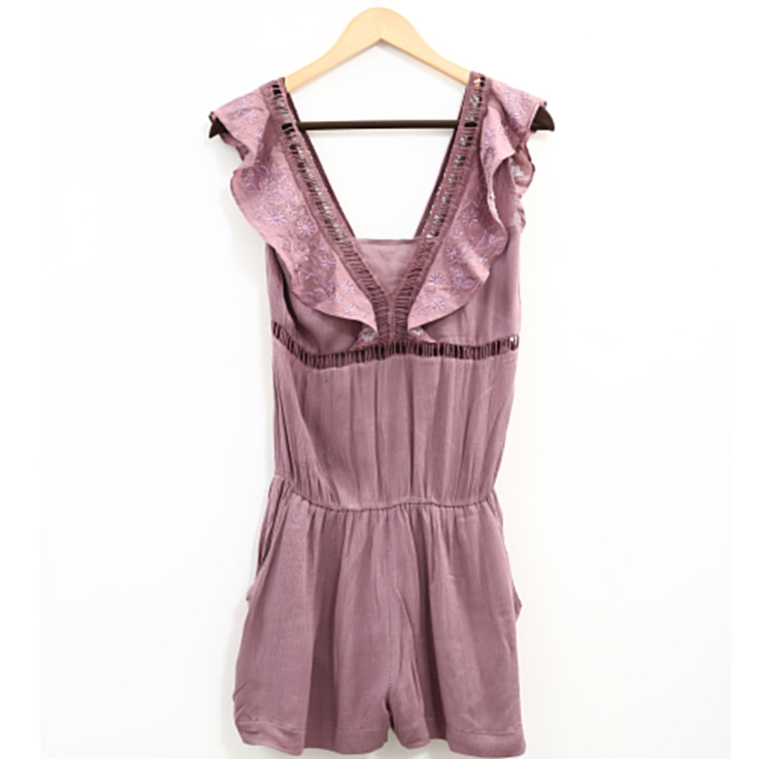 Drolatic Anthropologie Floral Embroidered Purple Romper Dress