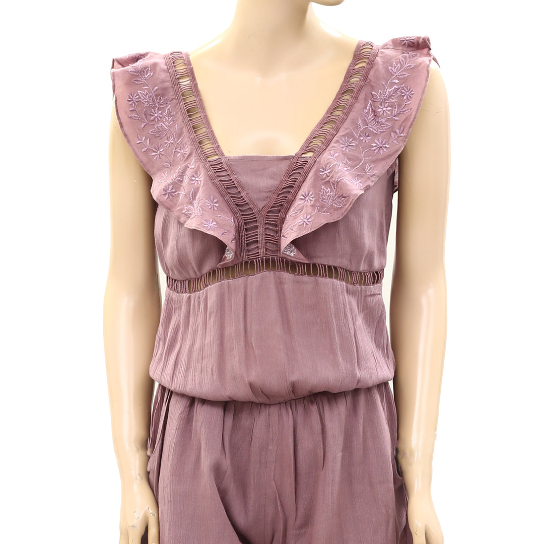 Drolatic Anthropologie Floral Embroidered Purple Romper Dress