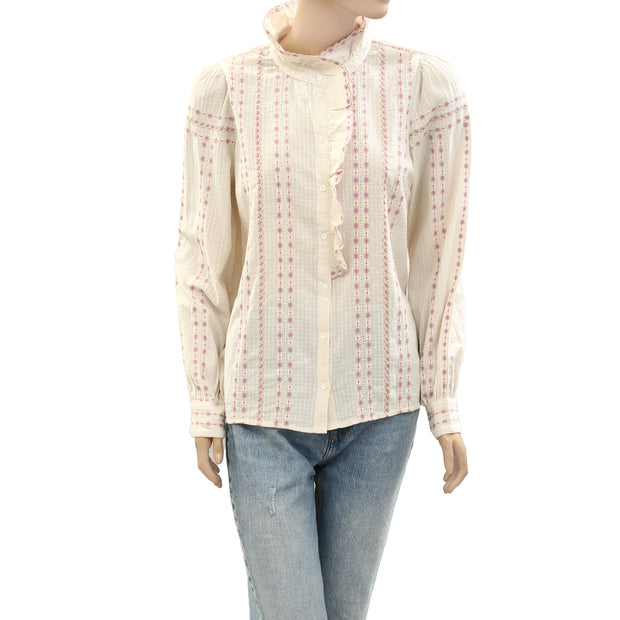 Sezane Chlo Buttondown Shirt Embroidered Ruffle Blouse Top